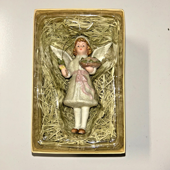 Porcelain Victorian Angel with Flowers Christmas Ornament Original Box - Picture 1 of 5